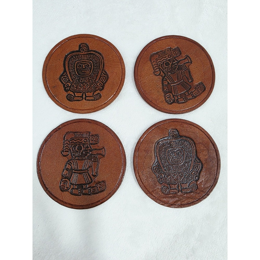 Handmade Leather Coasters Set of 4 Aztec/Inca Tooled Brown Artesanians Peru Hold